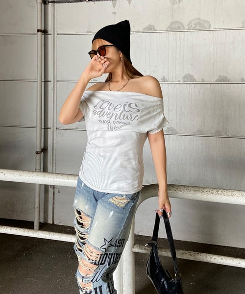 non-hedge(ノンヘッジ)の「ボーダーロゴオフショルダーTシャツ(Tシャツ/カットソー・レディース・グレー/オフホワイト・FREE)」の19枚目の写真