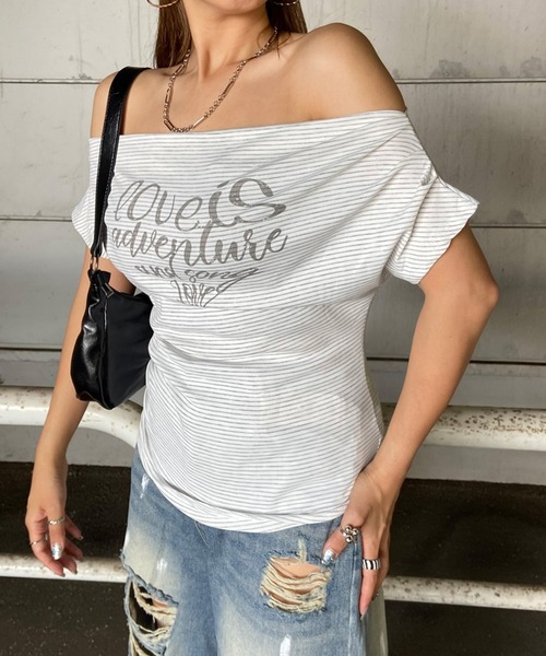 non-hedge(ノンヘッジ)の「ボーダーロゴオフショルダーTシャツ(Tシャツ/カットソー・レディース・グレー/オフホワイト・FREE)」の21枚目の写真