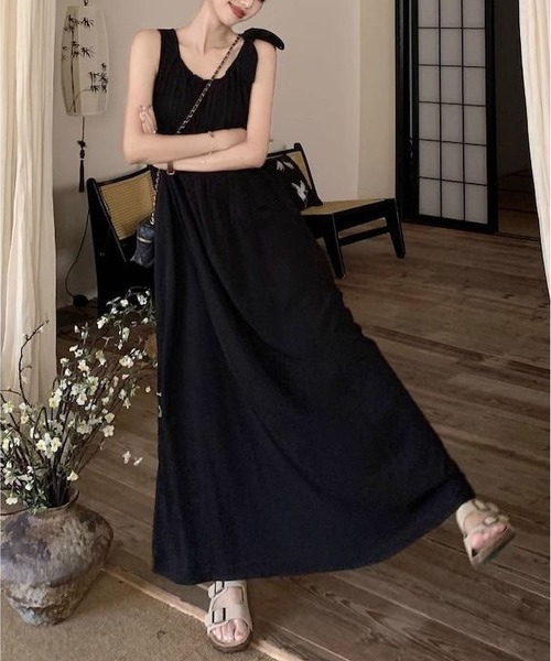 MAISON DE THERESE（メゾン ド テレーズ）の「2026夏新作 ノースリーブワンピース フレンチスタイル バックオープンロングワンピース レディース（ワンピース・レディース・Black/Beige・M）」の15枚目の写真