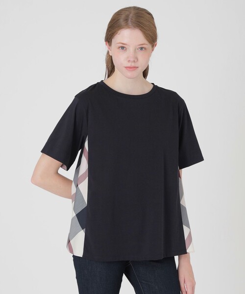 BLUE LABEL CRESTBRIDGE（ブルーレーベルクレストブリッジ）の「プレーティングシルケット天竺サイドチェックTシャツ（Tシャツ/カットソー・レディース・ダークネイビー/ブラック/ホワイト・38/40）」の3枚目の写真