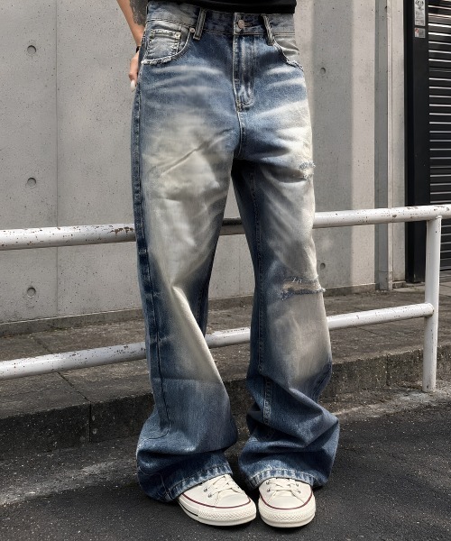 center i(センターアイ)の「ヴィンテージウォッシュダメージワイドデニムパンツ(デニムパンツ・レディース・ブルー・S)」の1枚目の写真