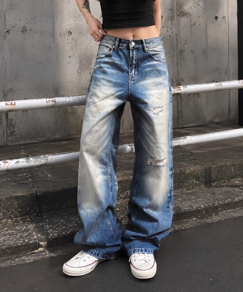 center i(センターアイ)の「ヴィンテージウォッシュダメージワイドデニムパンツ(デニムパンツ・レディース・ブルー・S)」の2枚目の写真