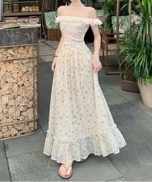 ワッシャーフリル花柄ウエストゴムフレアスカート