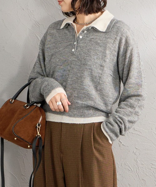 Healthknit（ヘルスニット）の「[HEALTHKNIT/ヘルスニット] 別注 モヘアブレンドポロニット（ニット/セーター・レディース・ブラック/ブルー/ピンク/オフホワイト/グレー・F）」の3枚目の写真