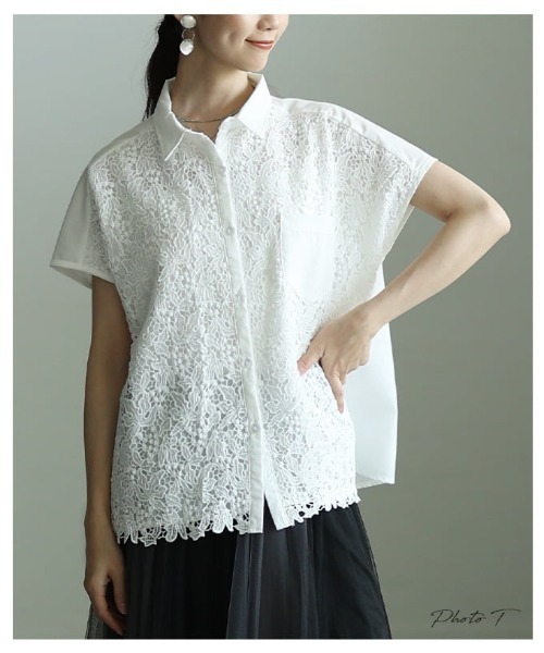 Sawa a la mode（サワアラモード）の「レース切替フレンチスリーブシャツ（シャツ/ブラウス・レディース・ブラック/オフホワイト・FREE）」の3枚目の写真