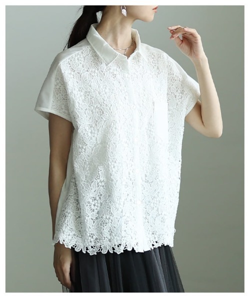 Sawa a la mode（サワアラモード）の「レース切替フレンチスリーブシャツ（シャツ/ブラウス・レディース・ブラック/オフホワイト・FREE）」の9枚目の写真