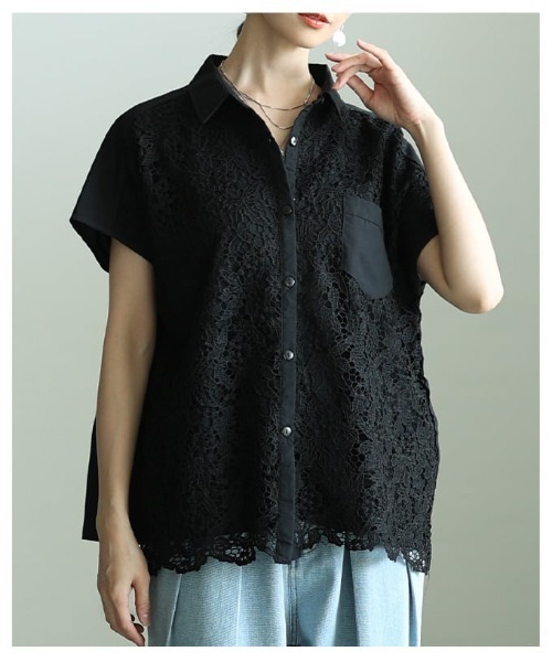 Sawa a la mode（サワアラモード）の「レース切替フレンチスリーブシャツ（シャツ/ブラウス・レディース・ブラック/オフホワイト・FREE）」の13枚目の写真