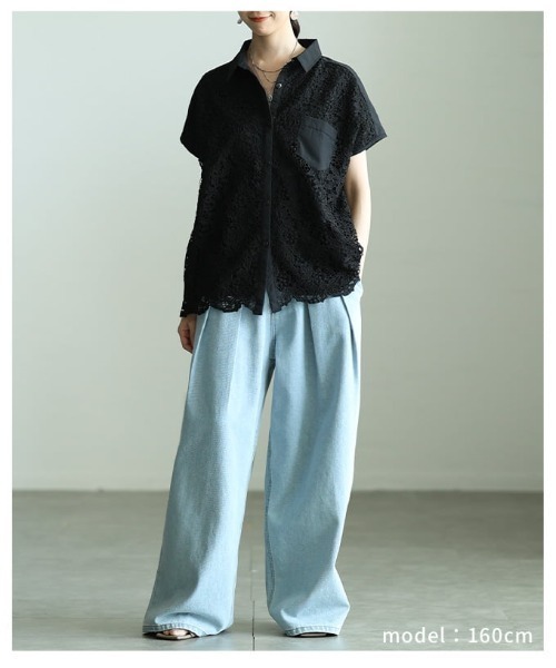 Sawa a la mode（サワアラモード）の「レース切替フレンチスリーブシャツ（シャツ/ブラウス・レディース・ブラック/オフホワイト・FREE）」の14枚目の写真
