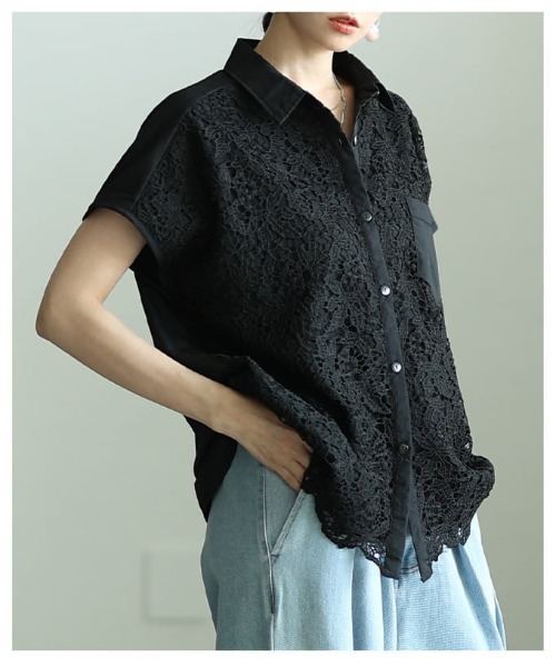 Sawa a la mode（サワアラモード）の「レース切替フレンチスリーブシャツ（シャツ/ブラウス・レディース・ブラック/オフホワイト・FREE）」の15枚目の写真