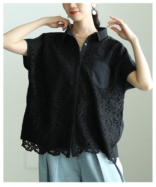 Sawa a la mode（サワアラモード）の「レース切替フレンチスリーブシャツ（シャツ/ブラウス・レディース・ブラック/オフホワイト・FREE）」の17枚目の写真