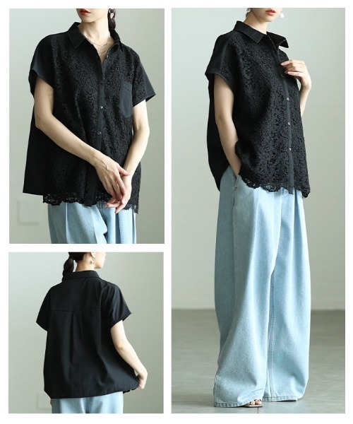 Sawa a la mode（サワアラモード）の「レース切替フレンチスリーブシャツ（シャツ/ブラウス・レディース・ブラック/オフホワイト・FREE）」の18枚目の写真