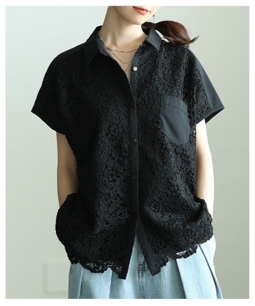 Sawa a la mode（サワアラモード）の「レース切替フレンチスリーブシャツ（シャツ/ブラウス・レディース・ブラック/オフホワイト・FREE）」の19枚目の写真
