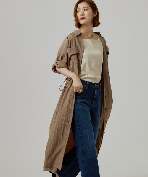 grove（グローブ）の「1枚でも羽織でも◎ ウエストドロストシャツワンピース（ワンピース・レディース・ブラック/ブルー系その他/ベージュ・02/01/04/03/05）」の2枚目の写真