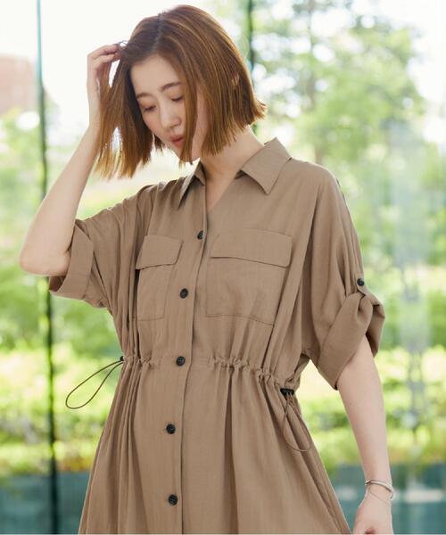 grove（グローブ）の「1枚でも羽織でも◎ ウエストドロストシャツワンピース（ワンピース・レディース・ブラック/ブルー系その他/ベージュ・02/01/04/03/05）」の5枚目の写真