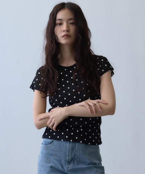 Clum(クルム)の「dot sheer compact top / ドットシアーコンパクトトップス(Tシャツ/カットソー・レディース・ブラック・MEDIUM/SMALL)」の7枚目の写真