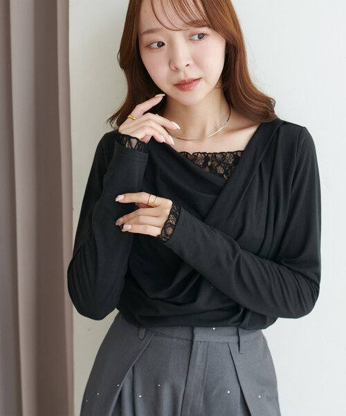 DISCOAT（ディスコート）の「【WEB限定】レースドッキングドレープロングTシャツ（Tシャツ/カットソー・レディース・グレー/ブラック/グレイッシュベージュ・FREE）」の2枚目の写真