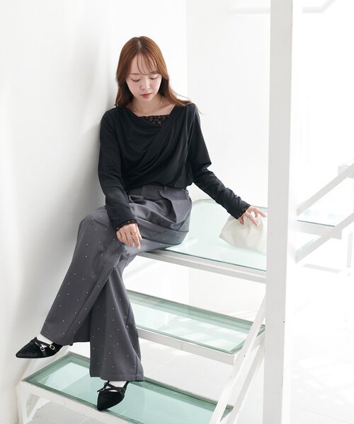 DISCOAT（ディスコート）の「【WEB限定】レースドッキングドレープロングTシャツ（Tシャツ/カットソー・レディース・グレー/ブラック/グレイッシュベージュ・FREE）」の9枚目の写真