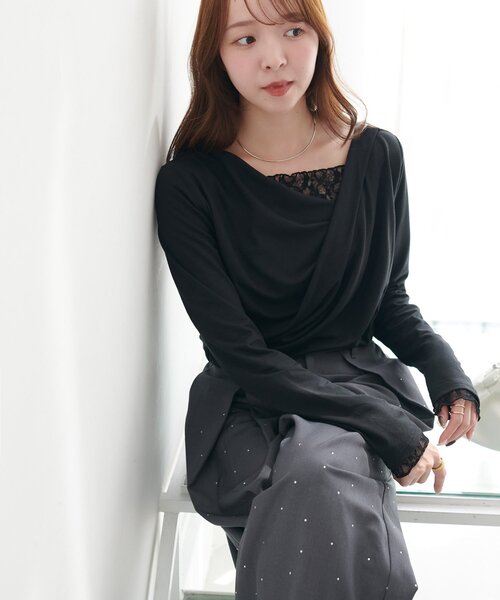 DISCOAT（ディスコート）の「【WEB限定】レースドッキングドレープロングTシャツ（Tシャツ/カットソー・レディース・グレー/ブラック/グレイッシュベージュ・FREE）」の12枚目の写真