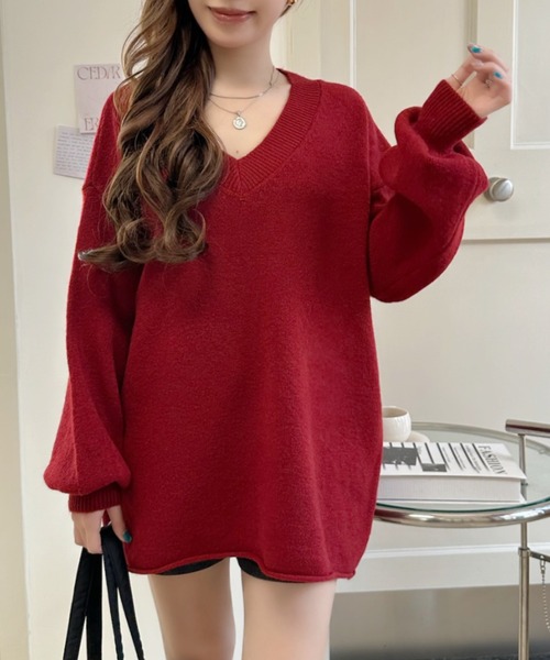 Ada.(エイダ)の「Vネック ロールヘム ロングスリーブ ルーズニットプルオーバー(ニット/セーター・レディース・イエロー/ネイビー/レッド/ベージュ・FREE)」の12枚目の写真