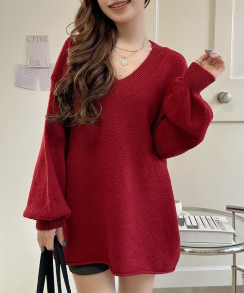 Ada.(エイダ)の「Vネック ロールヘム ロングスリーブ ルーズニットプルオーバー(ニット/セーター・レディース・イエロー/ネイビー/レッド/ベージュ・FREE)」の13枚目の写真