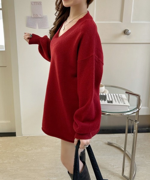 Ada.(エイダ)の「Vネック ロールヘム ロングスリーブ ルーズニットプルオーバー(ニット/セーター・レディース・イエロー/ネイビー/レッド/ベージュ・FREE)」の16枚目の写真