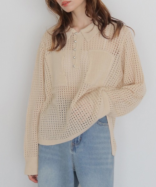 CLEIO（クレイオ）の「【CLEIO】メッシュポロニット MESH POLO KNIT（ニット/セーター・レディース・アイボリー/ベージュ/ブラック・FREE）」の2枚目の写真