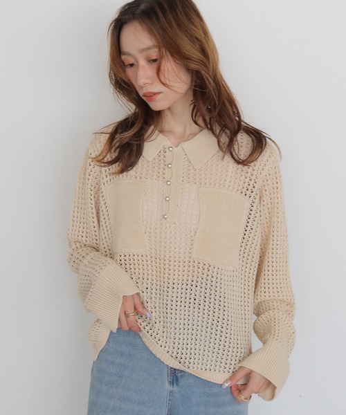 CLEIO（クレイオ）の「【CLEIO】メッシュポロニット MESH POLO KNIT（ニット/セーター・レディース・アイボリー/ベージュ/ブラック・FREE）」の4枚目の写真
