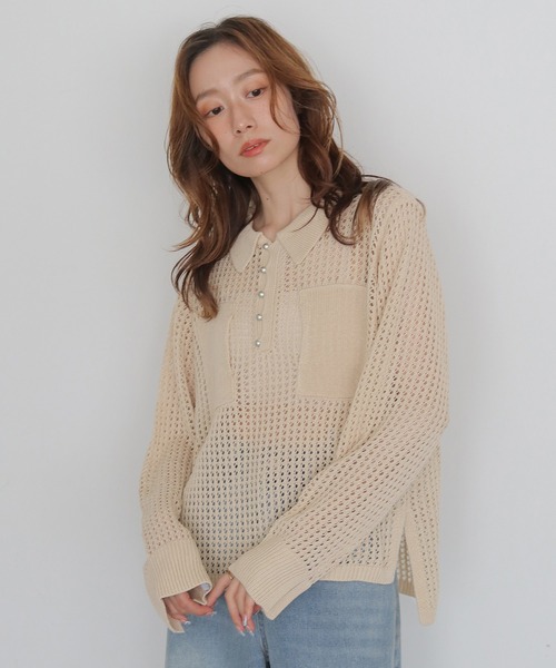 CLEIO（クレイオ）の「【CLEIO】メッシュポロニット MESH POLO KNIT（ニット/セーター・レディース・アイボリー/ベージュ/ブラック・FREE）」の5枚目の写真