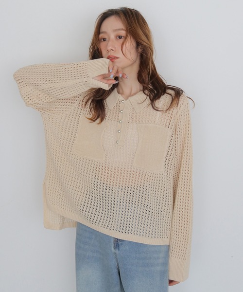 CLEIO（クレイオ）の「【CLEIO】メッシュポロニット MESH POLO KNIT（ニット/セーター・レディース・アイボリー/ベージュ/ブラック・FREE）」の6枚目の写真