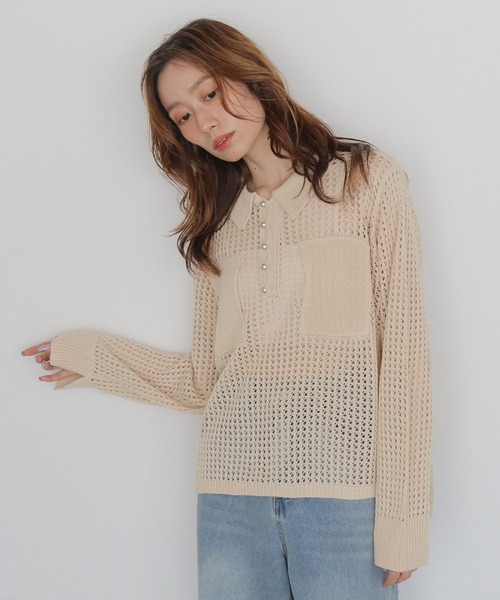 CLEIO（クレイオ）の「【CLEIO】メッシュポロニット MESH POLO KNIT（ニット/セーター・レディース・アイボリー/ベージュ/ブラック・FREE）」の7枚目の写真
