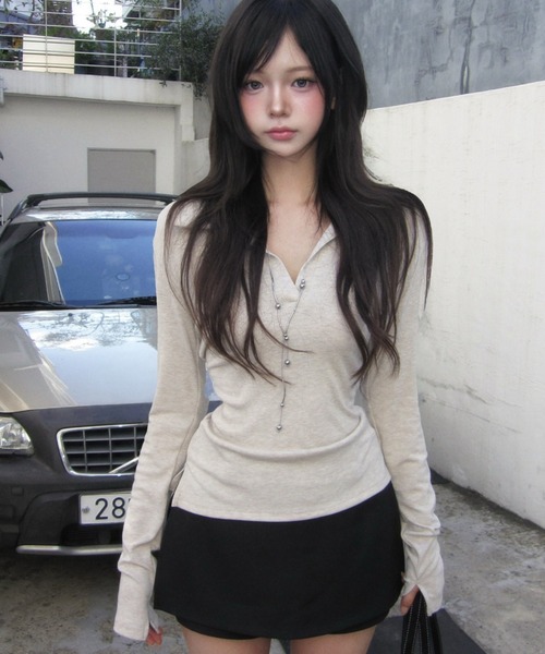 modimood（モディムード）の「[MADE] Vネックススキッパーカラー長袖Tシャツ（Tシャツ/カットソー・レディース・ネイビー/ベージュ/チャコール/アイボリー/ブラック・FREE）」の4枚目の写真