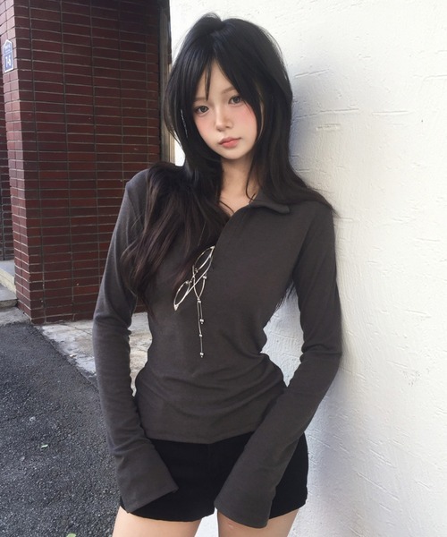 modimood（モディムード）の「[MADE] Vネックススキッパーカラー長袖Tシャツ（Tシャツ/カットソー・レディース・ネイビー/ベージュ/チャコール/アイボリー/ブラック・FREE）」の3枚目の写真