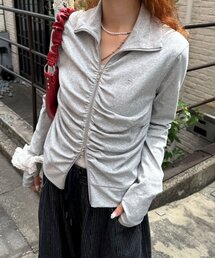 ハイネック星スタッズギャザーダブルジップブルゾン