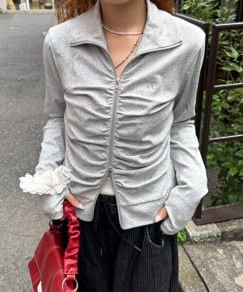 CIAOPANIC(チャオパニック)の「ハイネック星スタッズギャザーダブルジップブルゾン(Tシャツ/カットソー・レディース・チャコールグレー/グレー/サックスブルー・ONE SIZE)」の5枚目の写真