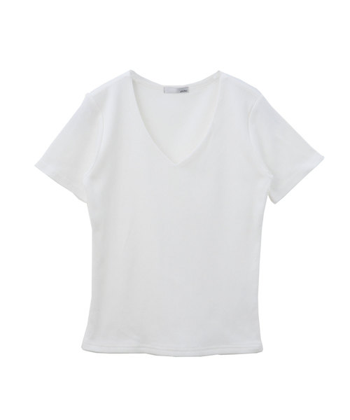 Luz Llena(ラズレナ)の「Vネックテレコ半袖トップス(Tシャツ/カットソー・レディース・ブラック/オフホワイト/その他・MEDIUM)」の1枚目の写真