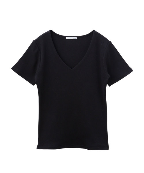 Luz Llena(ラズレナ)の「Vネックテレコ半袖トップス(Tシャツ/カットソー・レディース・ブラック/オフホワイト/その他・MEDIUM)」の8枚目の写真