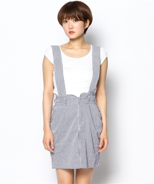 WEGO（ウィゴー）の「WEGO/サスペンダー付コクーンスカート（デニムスカート・レディース・ホワイト/インディゴブルー/ストライプ・FREE）」の4枚目の写真