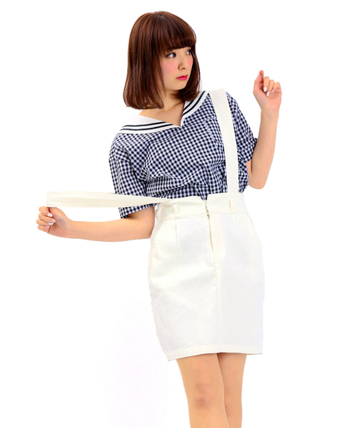 WEGO（ウィゴー）の「WEGO/サスペンダー付コクーンスカート（デニムスカート・レディース・ホワイト/インディゴブルー/ストライプ・FREE）」の16枚目の写真