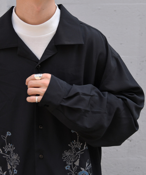 高級 シルク バック刺繍 オープンカラーシャツ ステッチ 黒 木ボタン 高級 シルク バック刺繍 オープンカラーシャツ ステッチ 黒 木
