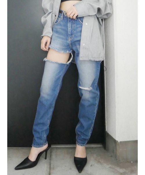 GYDA サイド ペグトップ デニムパンツ Mサイズ ジェイダ GYDA SIDE RIPPEDペグトップデニムパンツ （アイス