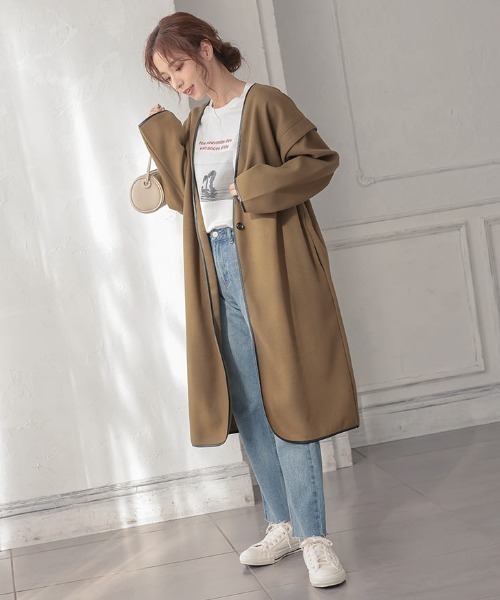 KOBE LETTUCE（コウベレタス）の「パイピングノーカラーコート（ダウンジャケット/コート・レディース・モカ/チャコール/グリーン系その他/アイボリー・FREE）」の10枚目の写真