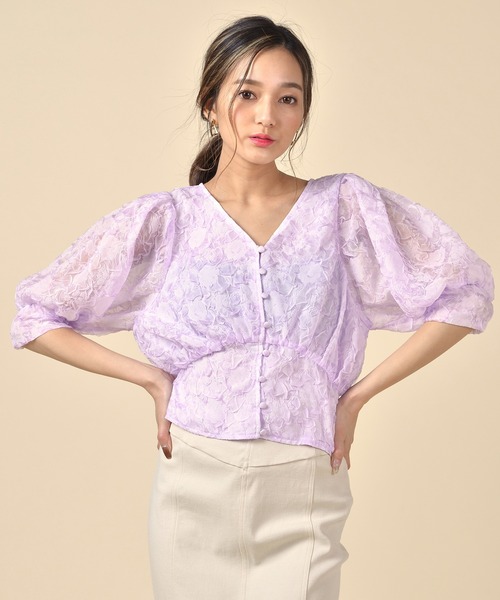 ROYAL PARTY（ロイヤルパーティー）の「シアージャガードフラワーブラウス（シャツ/ブラウス・レディース・パープル/オフホワイト/グリーン・FREE）」の19枚目の写真