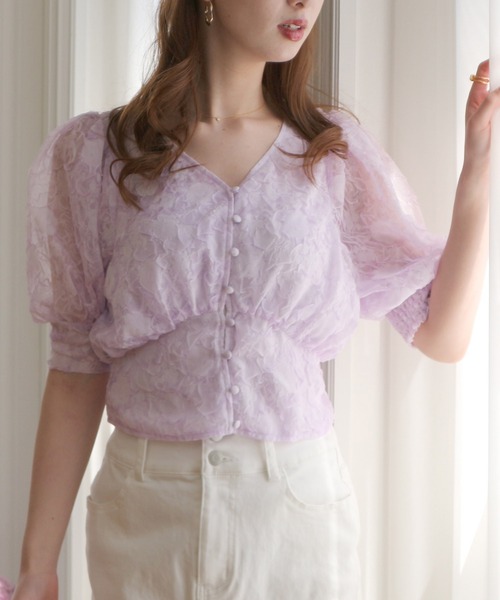 ROYAL PARTY（ロイヤルパーティー）の「シアージャガードフラワーブラウス（シャツ/ブラウス・レディース・パープル/オフホワイト/グリーン・FREE）」の5枚目の写真