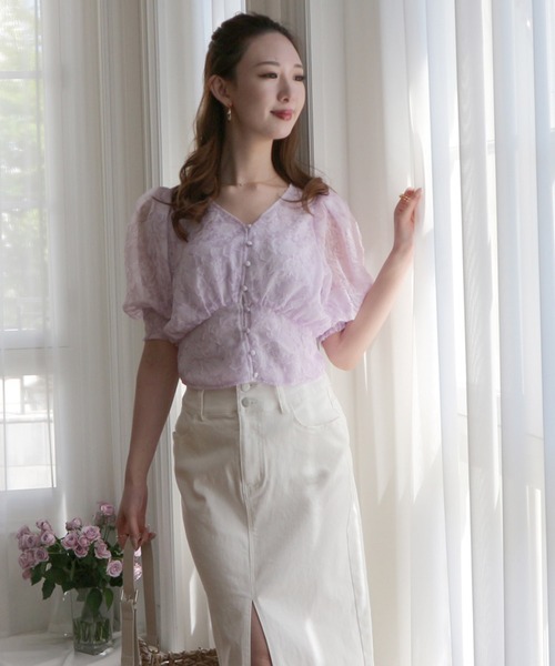 ROYAL PARTY（ロイヤルパーティー）の「シアージャガードフラワーブラウス（シャツ/ブラウス・レディース・パープル/オフホワイト/グリーン・FREE）」の8枚目の写真