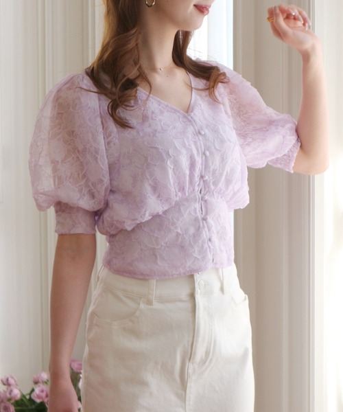 ROYAL PARTY（ロイヤルパーティー）の「シアージャガードフラワーブラウス（シャツ/ブラウス・レディース・パープル/オフホワイト/グリーン・FREE）」の6枚目の写真