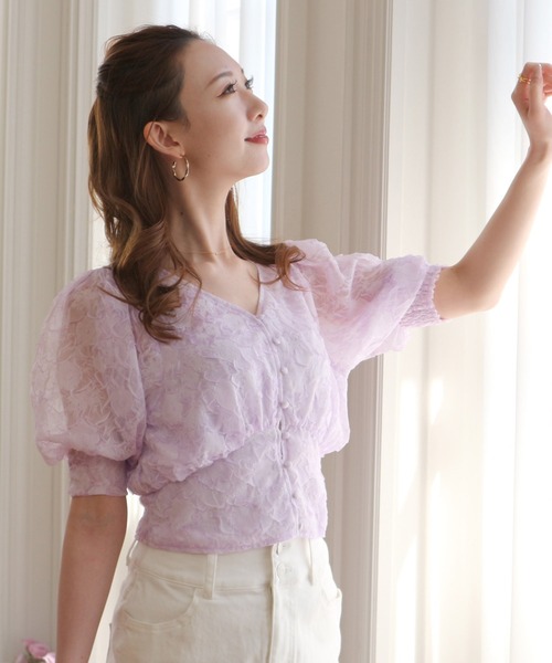 ROYAL PARTY（ロイヤルパーティー）の「シアージャガードフラワーブラウス（シャツ/ブラウス・レディース・パープル/オフホワイト/グリーン・FREE）」の9枚目の写真