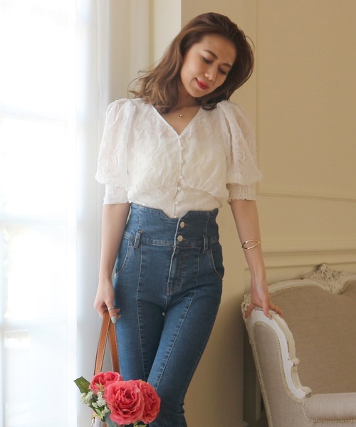 ROYAL PARTY（ロイヤルパーティー）の「シアージャガードフラワーブラウス（シャツ/ブラウス・レディース・パープル/オフホワイト/グリーン・FREE）」の4枚目の写真