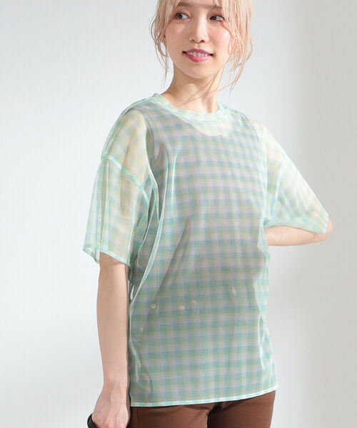 Ray BEAMS（レイビームス）の「Ray BEAMS / チュール チェック Tシャツ（Tシャツ/カットソー・レディース・サックスブルー/オレンジ系その他・ONE SIZE）」の18枚目の写真