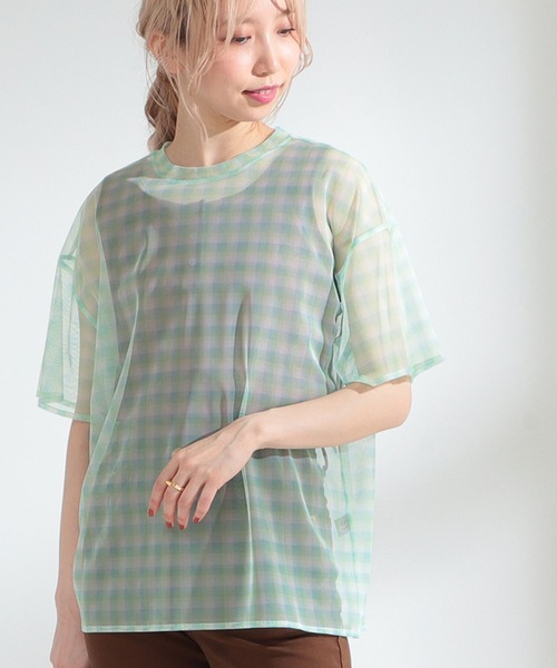 Ray BEAMS（レイビームス）の「Ray BEAMS / チュール チェック Tシャツ（Tシャツ/カットソー・レディース・サックスブルー/オレンジ系その他・ONE SIZE）」の2枚目の写真