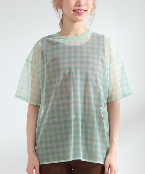 Ray BEAMS（レイビームス）の「Ray BEAMS / チュール チェック Tシャツ（Tシャツ/カットソー・レディース・サックスブルー/オレンジ系その他・ONE SIZE）」の9枚目の写真